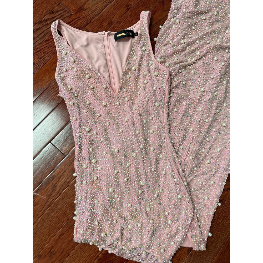 Nova Luxe Diana Pink V Neck Beaded Luxury Sexy Embellished Gown Dress Sheer - Picture 7 of 12